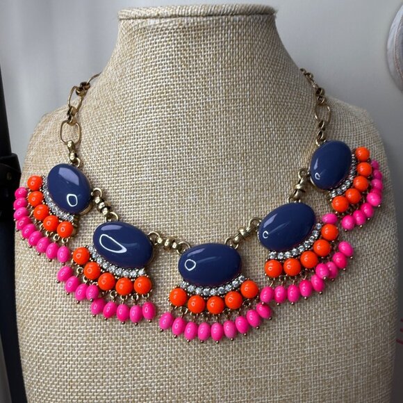 J. Crew Statement Necklace With Gold Chain Blue Stones Orange & Pink Beads Rhine - Picture 1 of 13